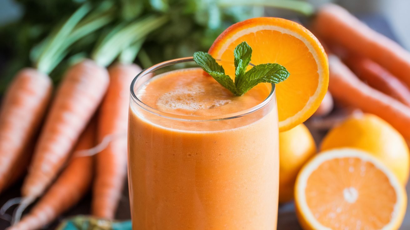 A refreshing citrus carrot ginger smoothie in a glass, garnished with an orange slice and mint, surrounded by fresh carrots and oranges.