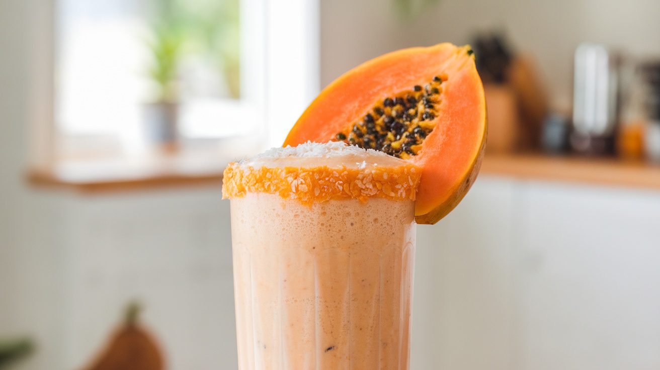 A refreshing papaya coconut protein shake in a glass, garnished with coconut flakes and papaya slice.
