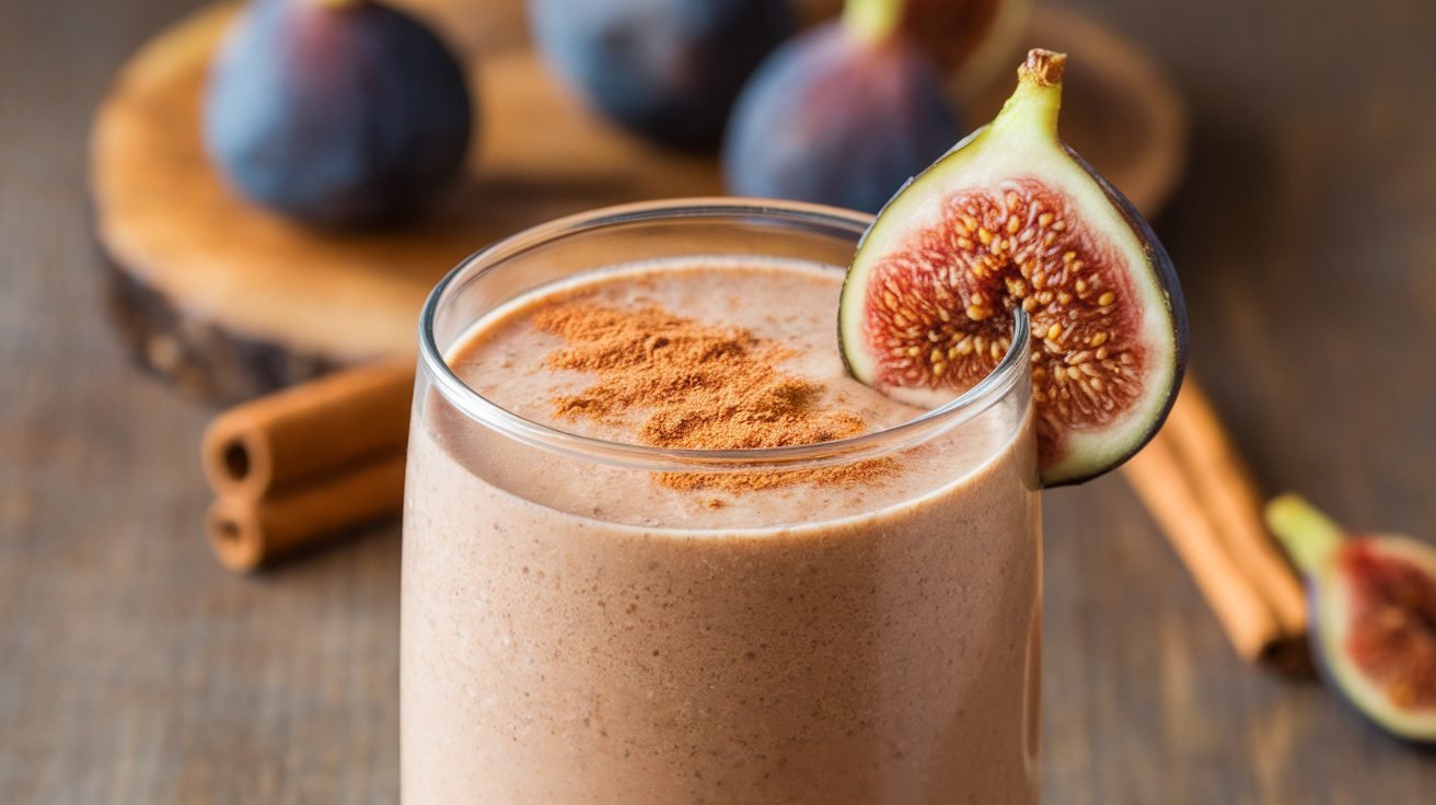 A creamy fig cinnamon protein smoothie in a glass, garnished with cinnamon and a fig slice, on a wooden table.