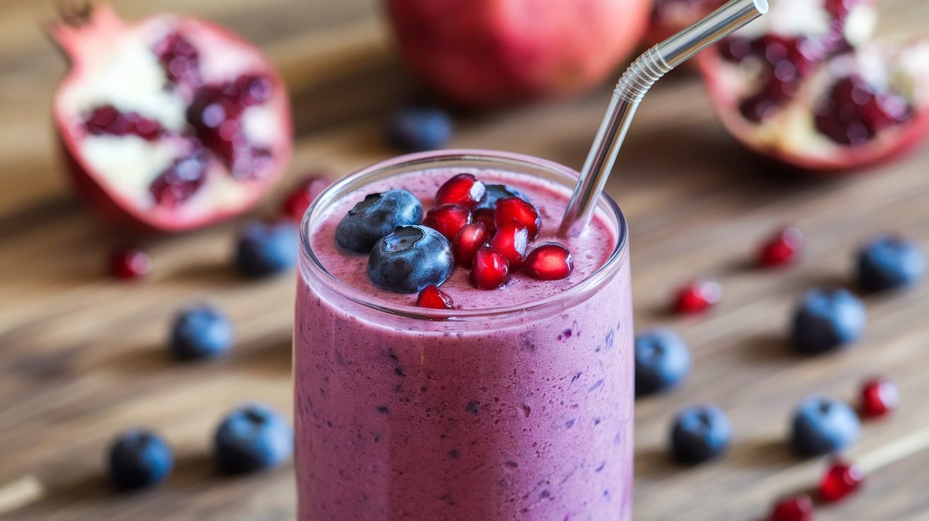 A refreshing pomegranate blueberry smoothie in a glass, garnished with blueberries and pomegranate seeds.