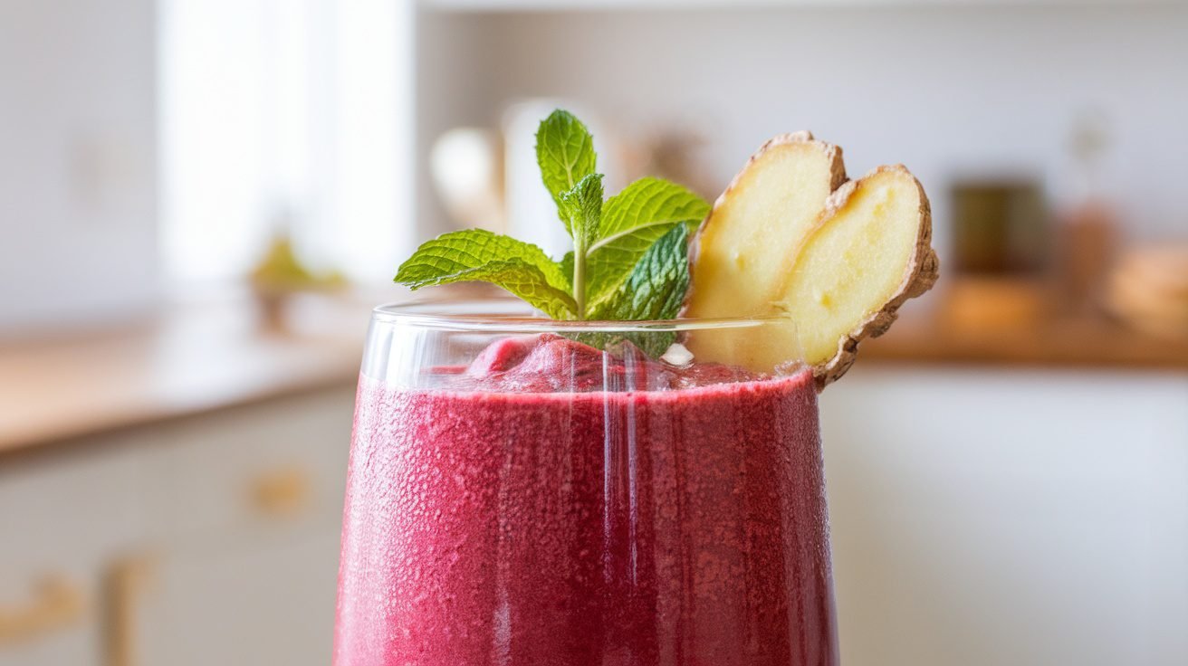A refreshing ginger beet smoothie in a glass, garnished with ginger and mint, on a bright kitchen counter.