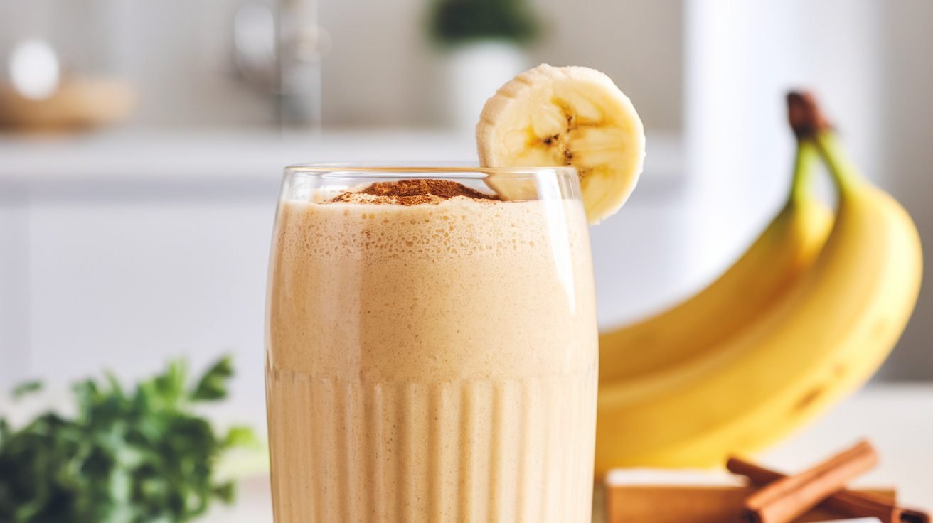 A creamy cinnamon vanilla smoothie in a glass, garnished with banana and cinnamon, on a kitchen counter.