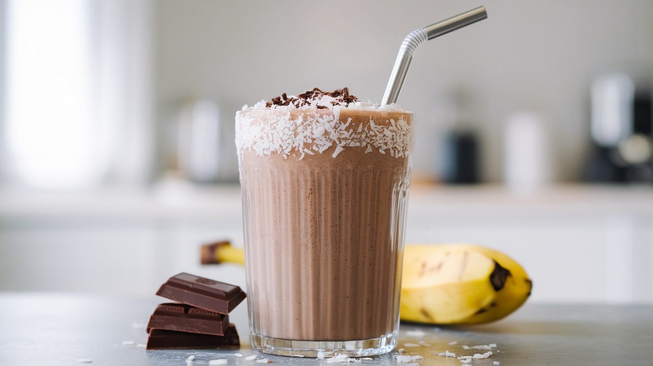 A glass of chocolate coconut shake topped with shredded coconut, surrounded by chocolate pieces and a banana.