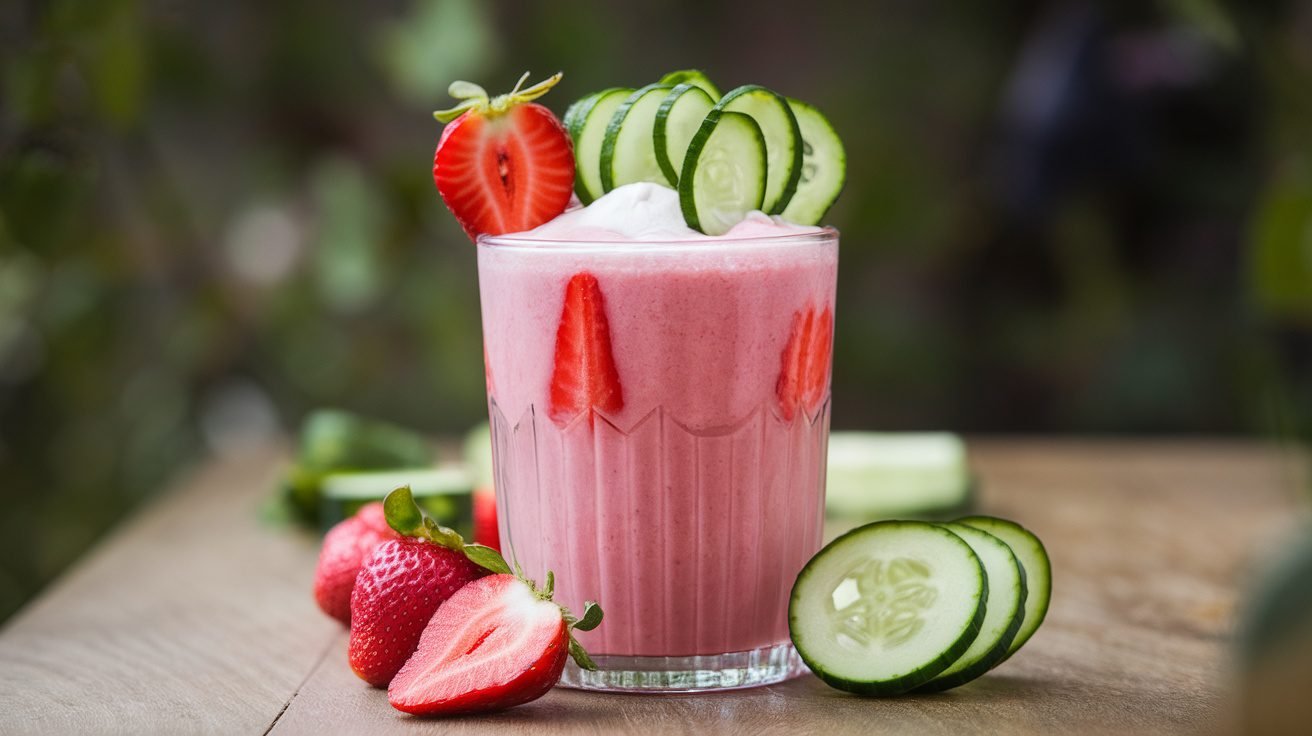 A refreshing strawberry cucumber slim shake in a glass, garnished with strawberry slices and cucumber ribbons on a rustic wooden table.