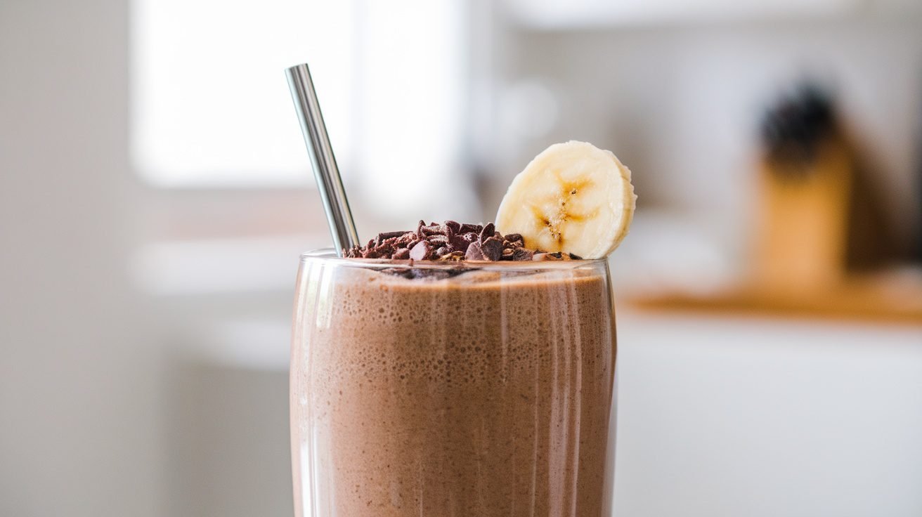 A glass of cashew cacao protein smoothie topped with cacao nibs and banana slice, on a kitchen counter.