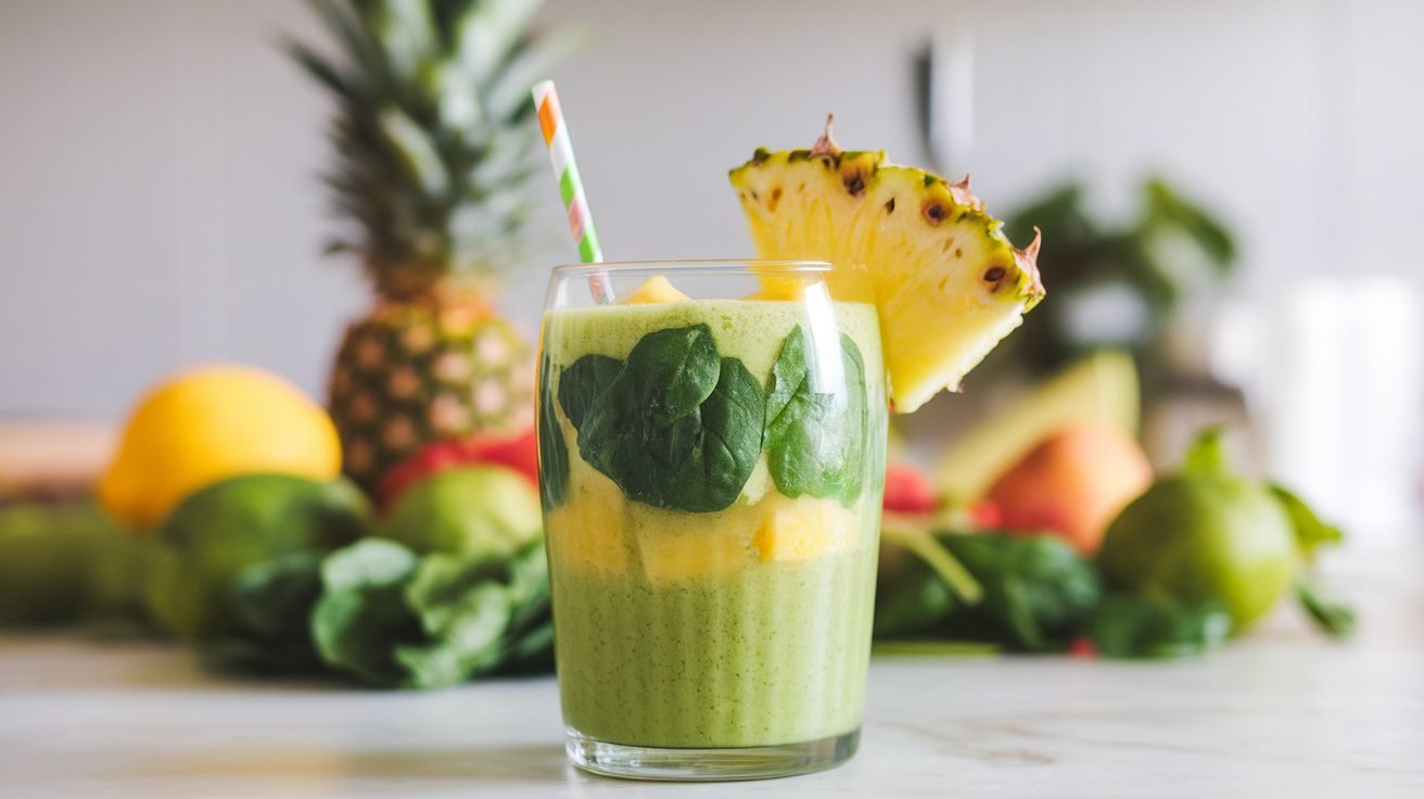 A refreshing spinach pineapple smoothie in a glass, garnished with pineapple slice, surrounded by fresh fruits.