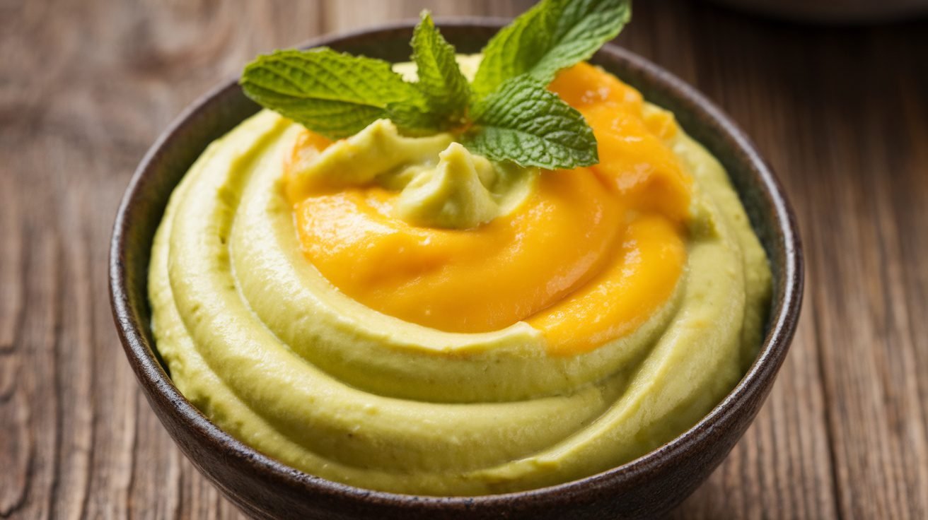 A bowl of creamy avocado mango dessert garnished with mint leaves on a wooden table.