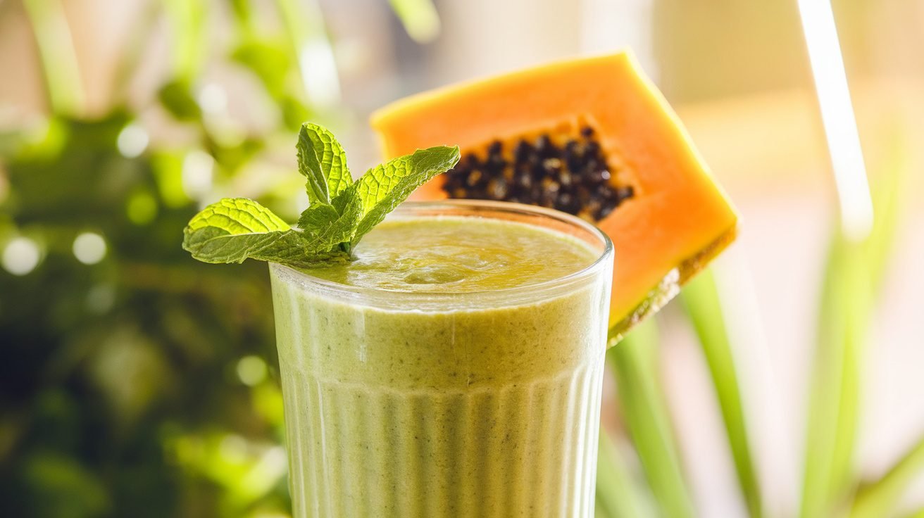 A refreshing papaya mint smoothie in a glass, garnished with mint and a slice of papaya.
