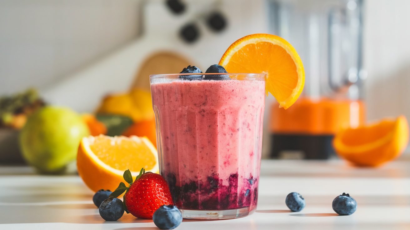 A colorful Citrus Berry Zinger smoothie with strawberries, blueberries, and orange, garnished with an orange slice.