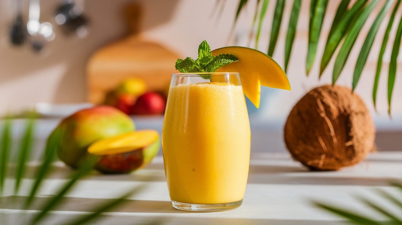 A refreshing mango coconut smoothie in a glass, garnished with mint and mango slice, surrounded by tropical fruits.