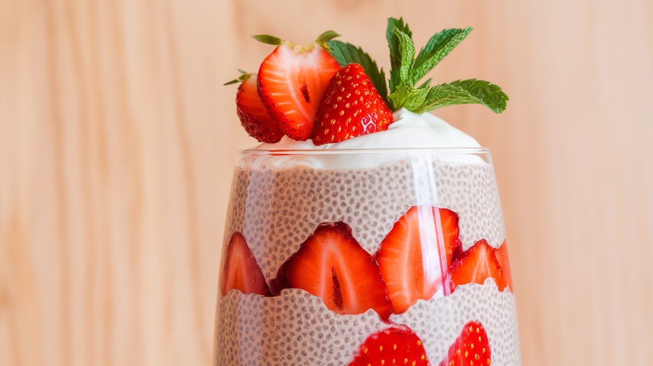 A glass of Chia Strawberry Cream layered with chia pudding and strawberry puree, garnished with fresh strawberries.
