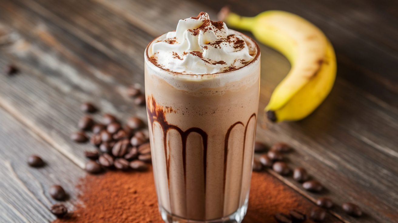 A tall glass of Mocha Banana Protein Shake topped with whipped cream and cocoa powder, with coffee beans and a banana in the background.