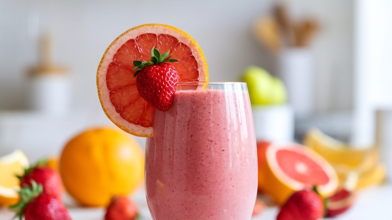 A refreshing grapefruit strawberry smoothie in a glass, garnished with grapefruit and strawberry, on a bright kitchen counter.