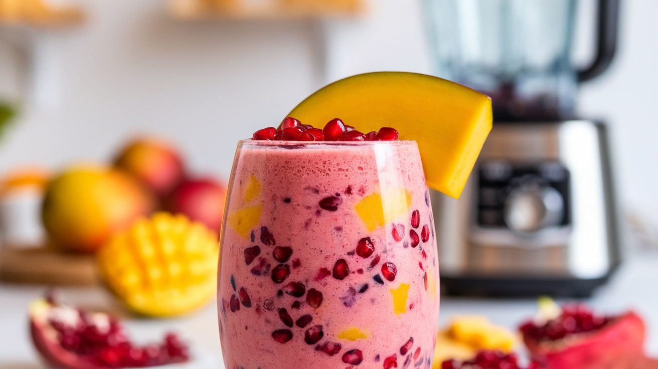 A refreshing Pomegranate Mango Glow Smoothie in a glass, garnished with pomegranate seeds and mango slice.