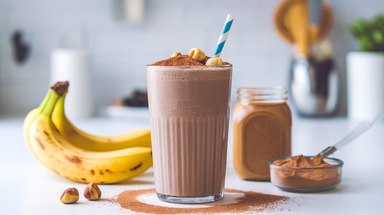 A creamy chocolate hazelnut health shake in a glass, garnished with cocoa powder and hazelnuts, with bananas and hazelnut butter in the background.