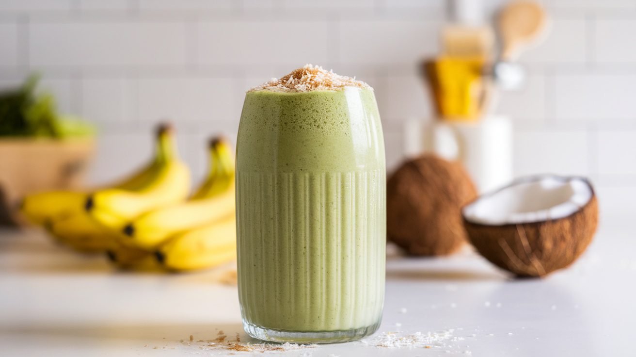 A tall glass of matcha coconut smoothie garnished with shredded coconut, surrounded by fresh ingredients.