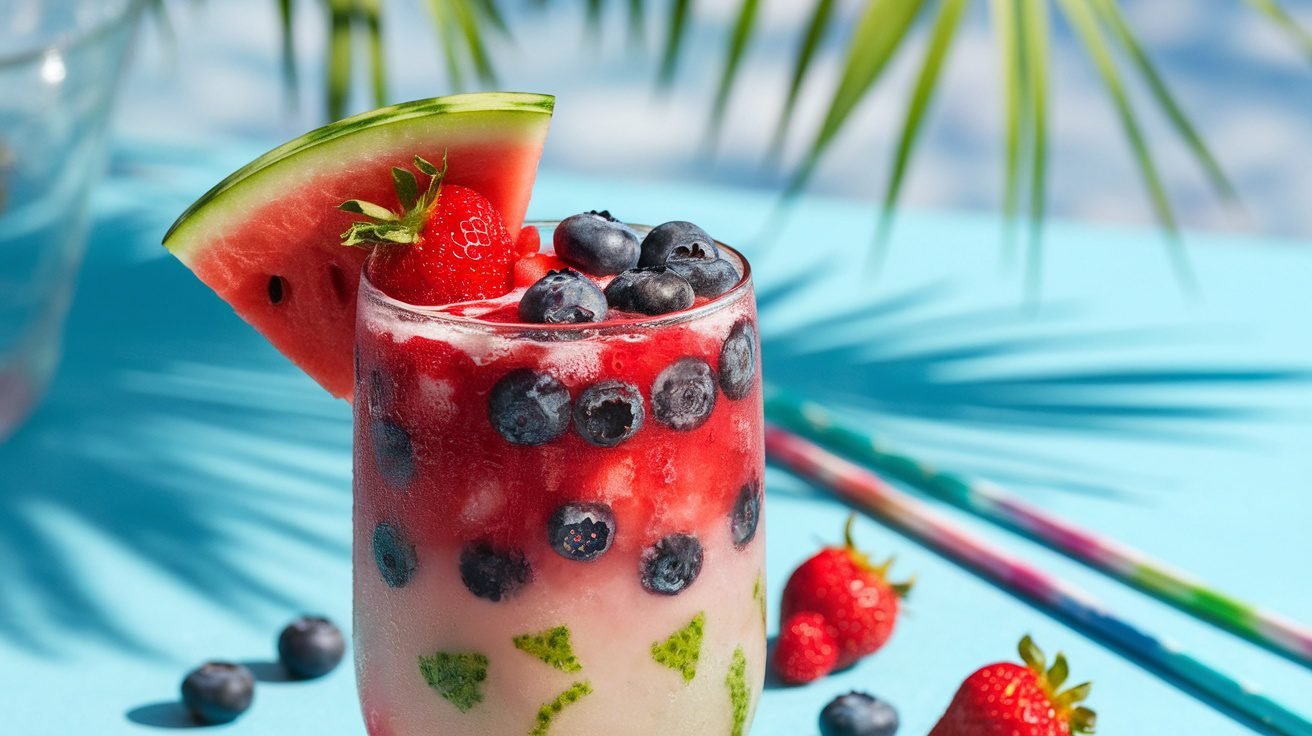 A tall glass of Berry Melon Cooler with strawberries, blueberries, and melon, garnished with a slice of watermelon.