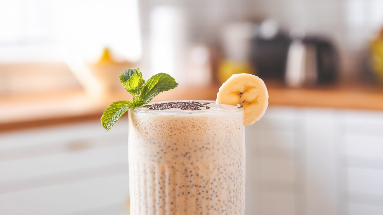 A creamy vanilla chia breakfast shake in a glass, topped with chia seeds and banana, on a bright kitchen counter.