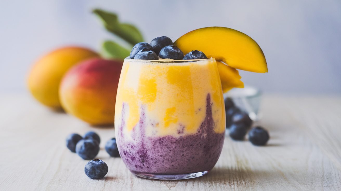 A refreshing mango blueberry smoothie in a glass, garnished with blueberries and mango slice, on a wooden table.