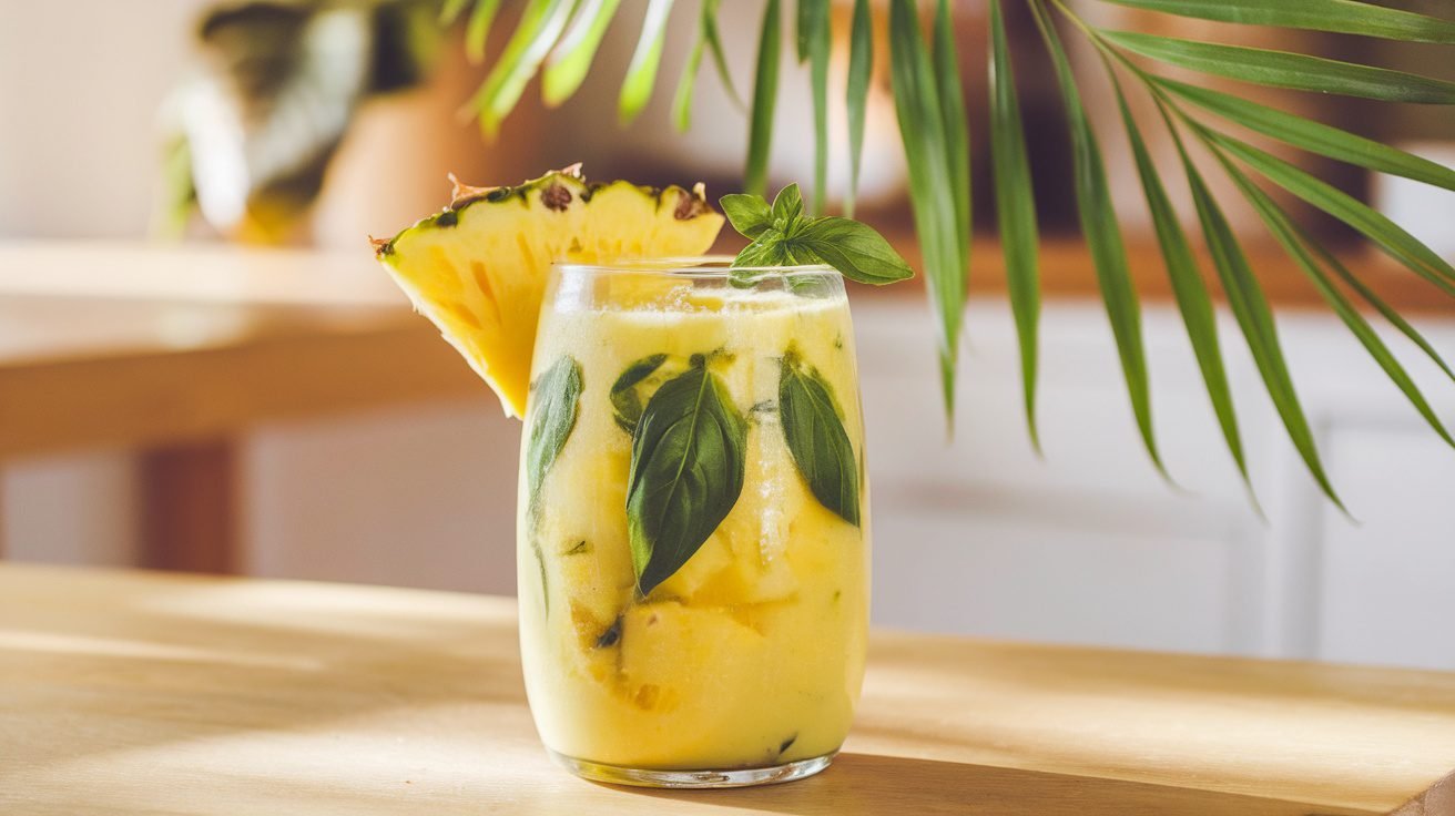 A refreshing smoothie made with pineapple and basil, garnished with a basil sprig and pineapple slice, on a sunny kitchen table.