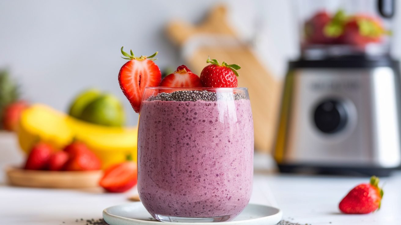 A colorful acai strawberry protein smoothie in a glass, topped with strawberries and chia seeds, on a kitchen counter.