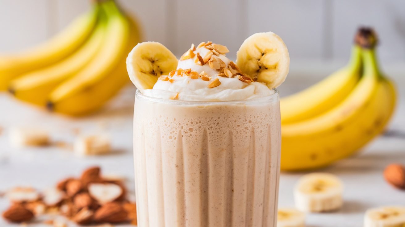 A creamy almond banana shake in a glass, garnished with banana slices and almonds, on a bright kitchen counter.