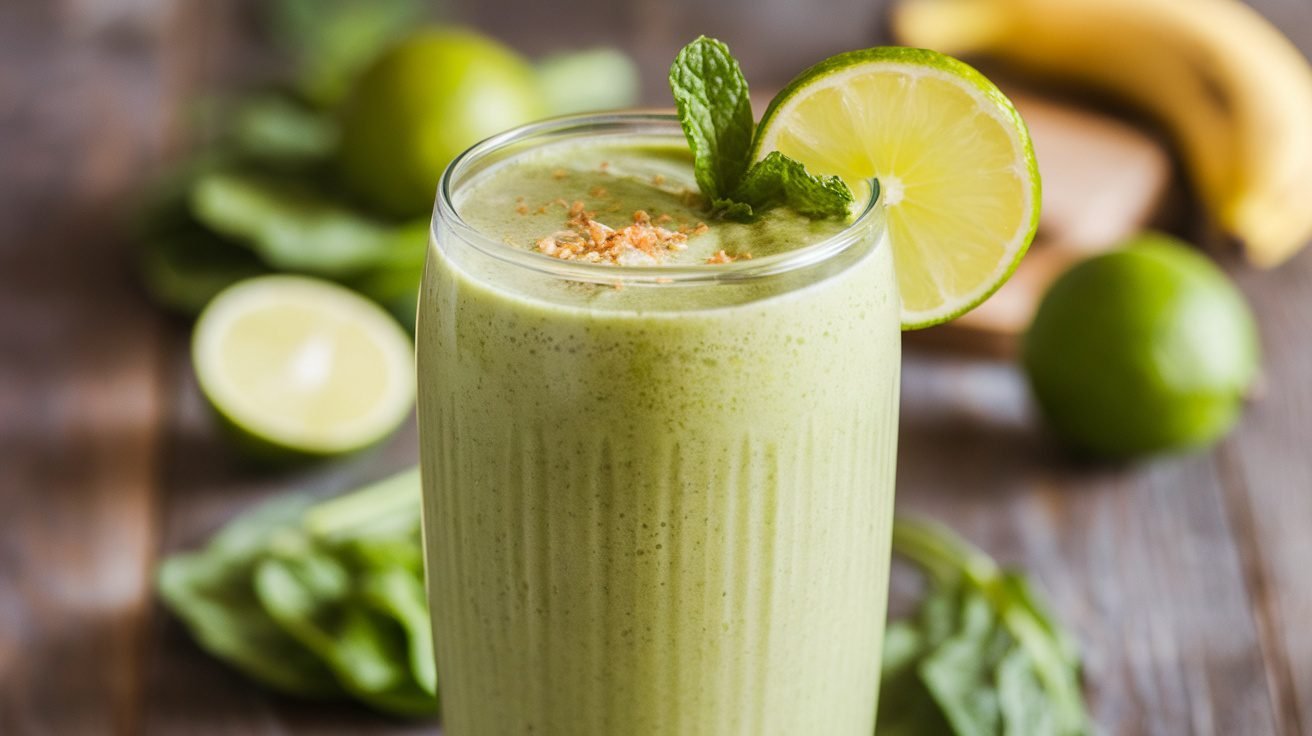 A refreshing green smoothie in a glass with lime slice and mint, surrounded by limes and a banana.