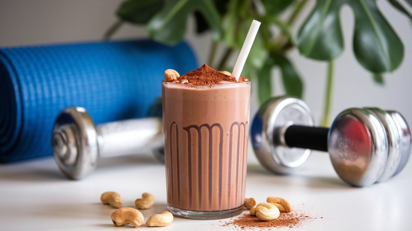 A tall glass of chocolate cashew shake topped with cocoa powder and cashews, surrounded by workout gear.