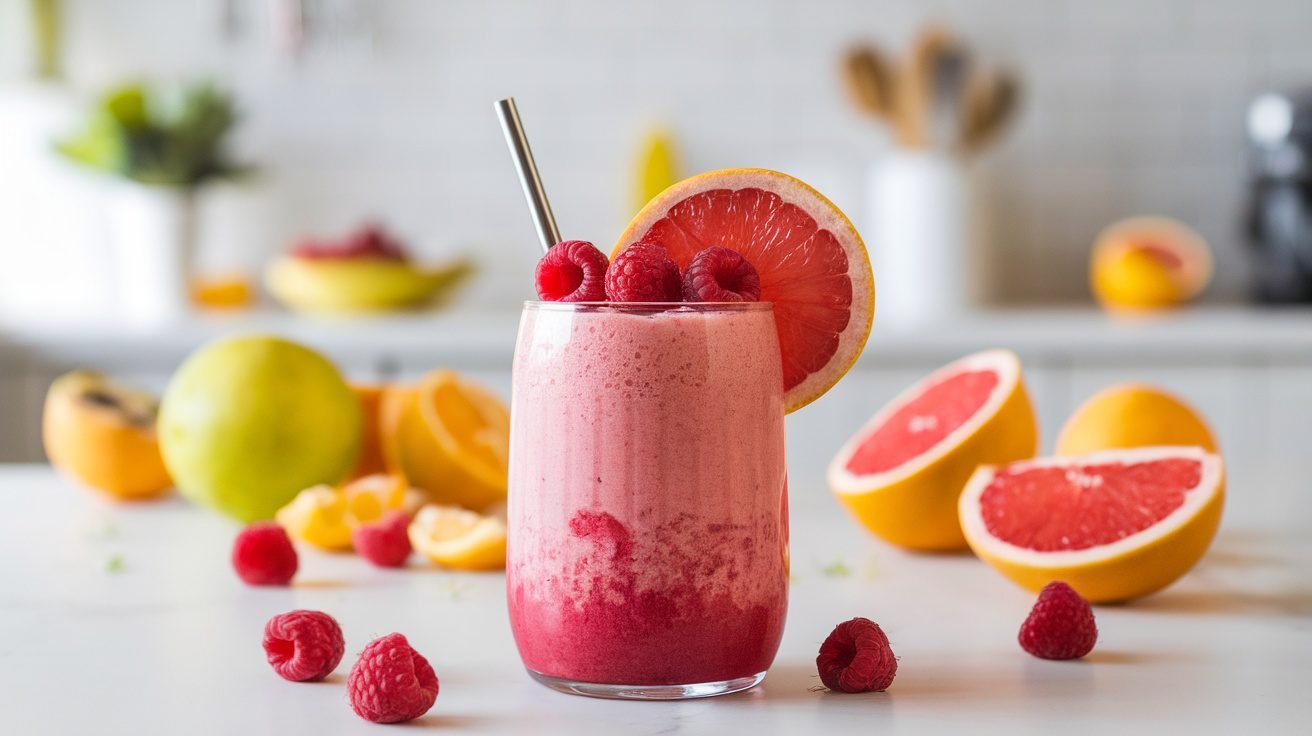 A refreshing raspberry grapefruit smoothie in a glass, garnished with raspberries and grapefruit slice, on a bright kitchen counter.