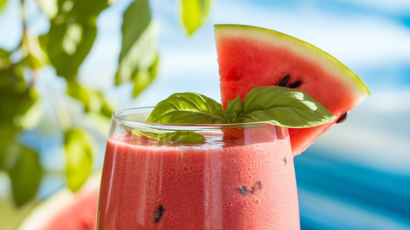 A refreshing watermelon basil smoothie in a glass, garnished with basil and a slice of watermelon.