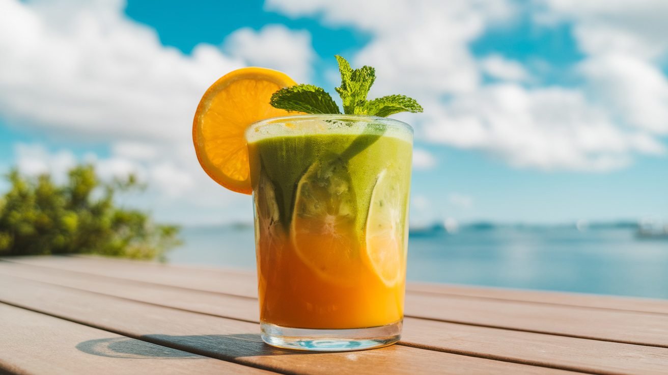 A glass of Citrus Matcha Refresher with orange slice and mint, on a wooden table.