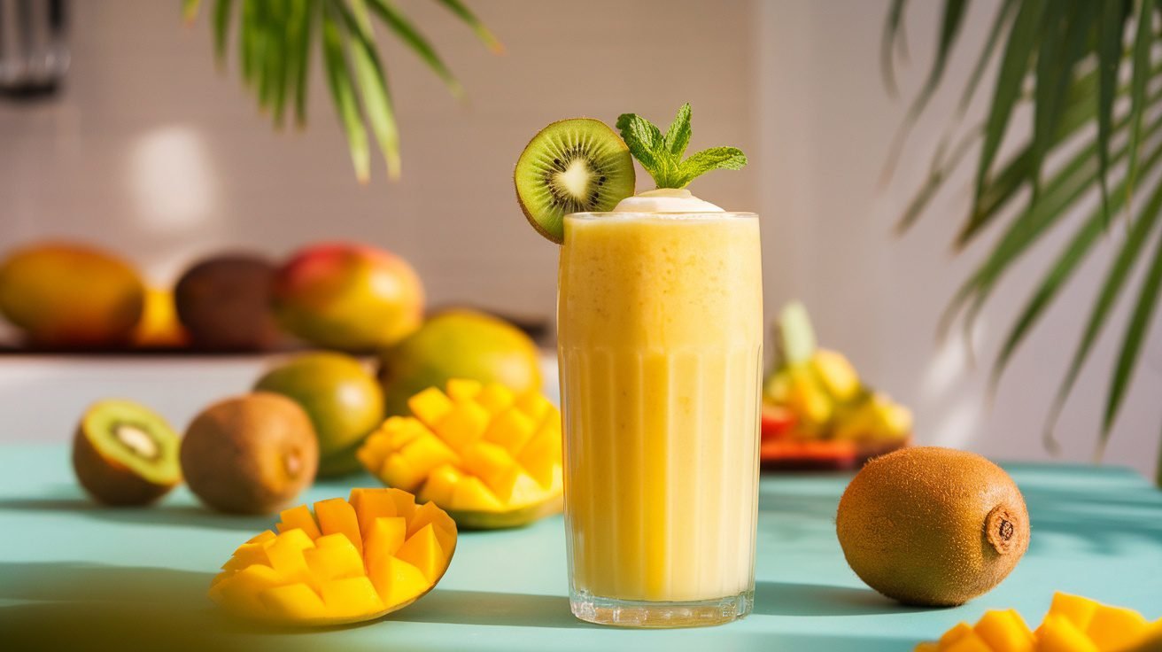 A refreshing mango kiwi shake in a glass, garnished with kiwi slice and mint, on a bright kitchen counter.
