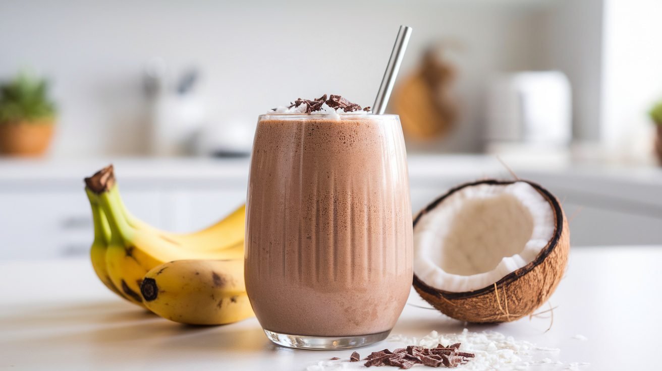 A refreshing cacao coconut smoothie topped with coconut flakes and cacao nibs, with bananas and coconut in the background.