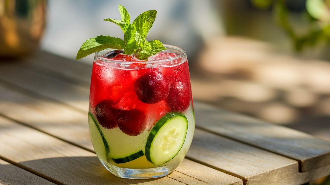 A refreshing Cherry Cucumber Cooler in a glass with ice and mint, set outdoors on a sunny day.