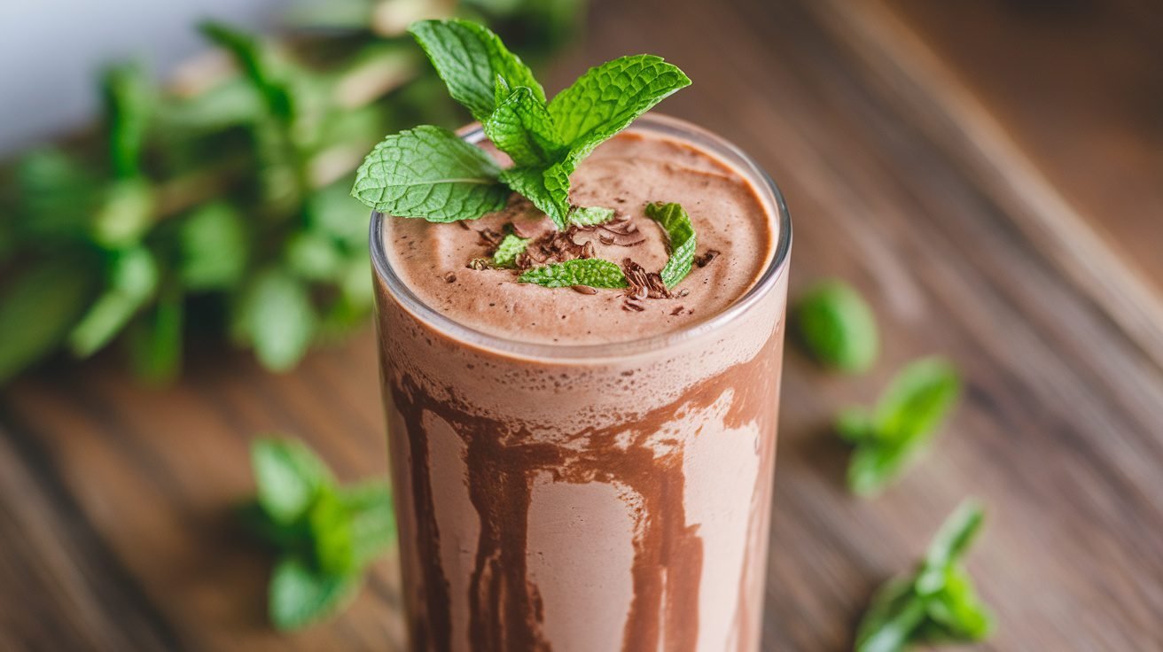 A chocolate mint protein shake in a glass, garnished with mint leaves, on a wooden table.