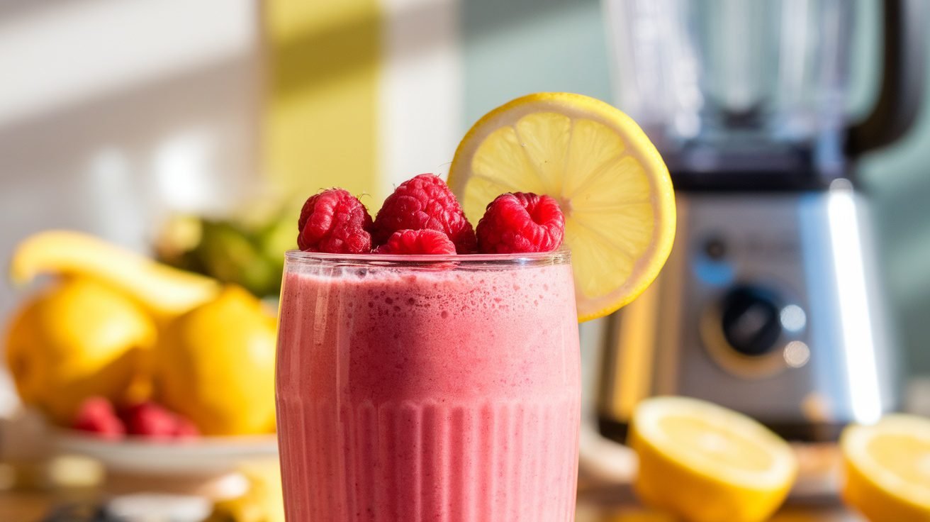 A refreshing lemon raspberry smoothie in a glass, garnished with raspberries and lemon slice.