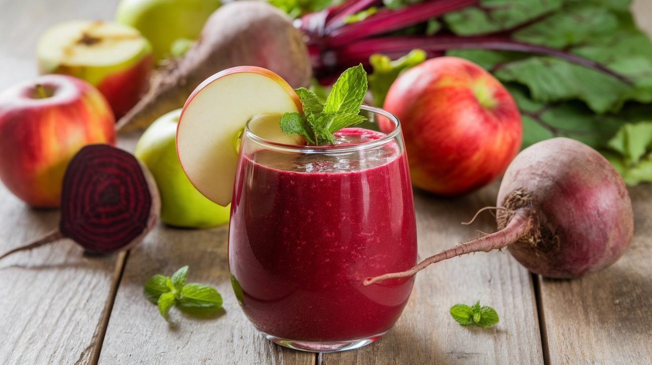 A refreshing apple beet detox smoothie in a glass, garnished with apple slice and mint, surrounded by fresh apples and beets.