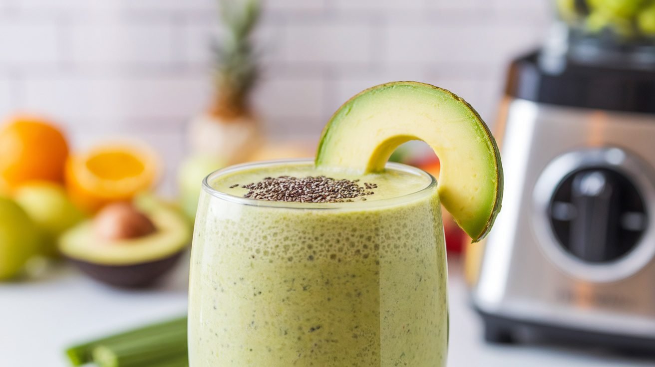 A green avocado chia smoothie in a glass, garnished with chia seeds and avocado slice, on a bright kitchen counter.