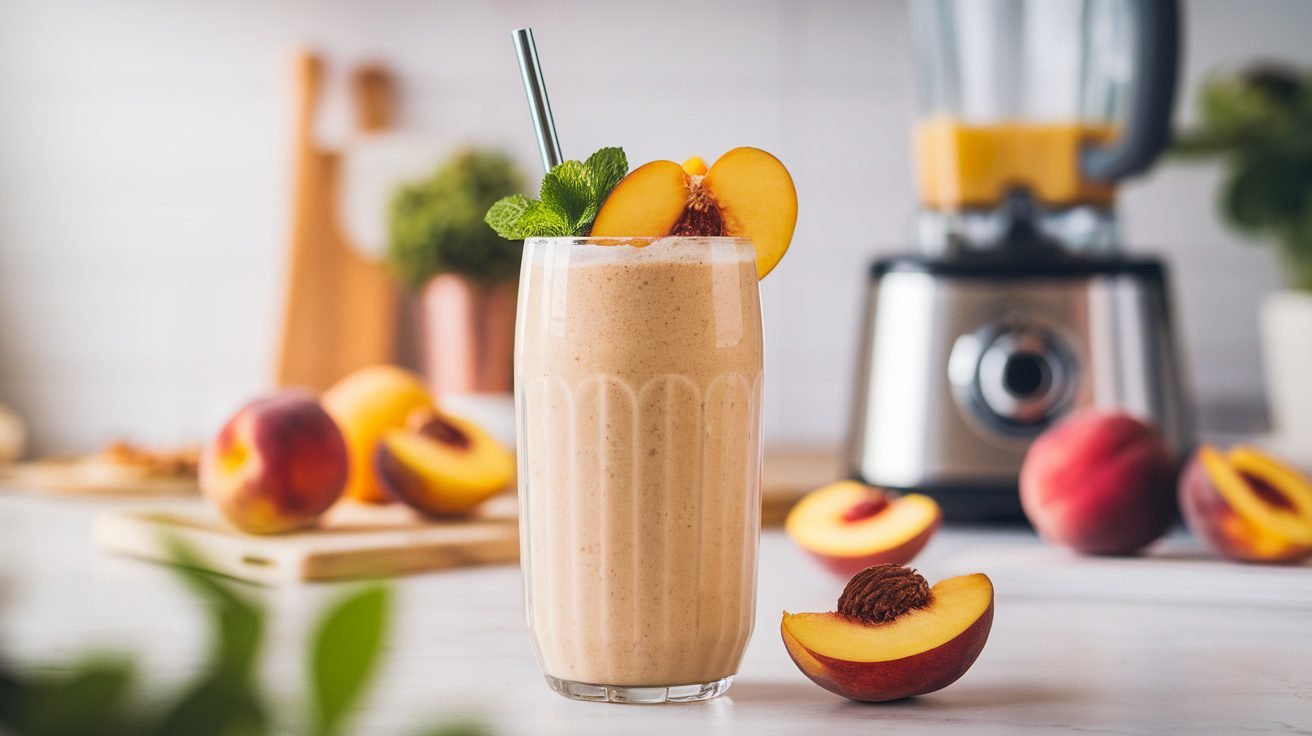 A tall glass of vanilla peach protein smoothie garnished with peach slice and mint, on a kitchen counter.
