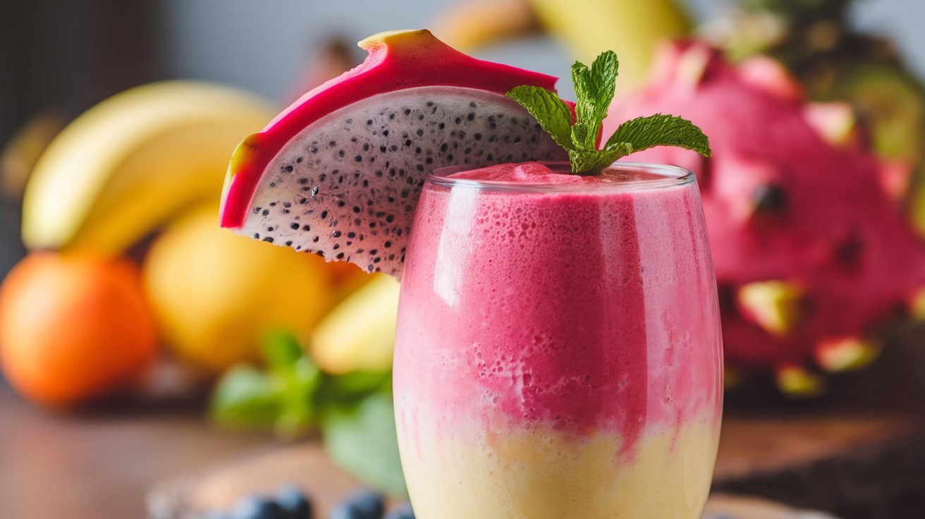A colorful dragonfruit banana smoothie in a glass, garnished with dragonfruit slice and mint, on a wooden table.