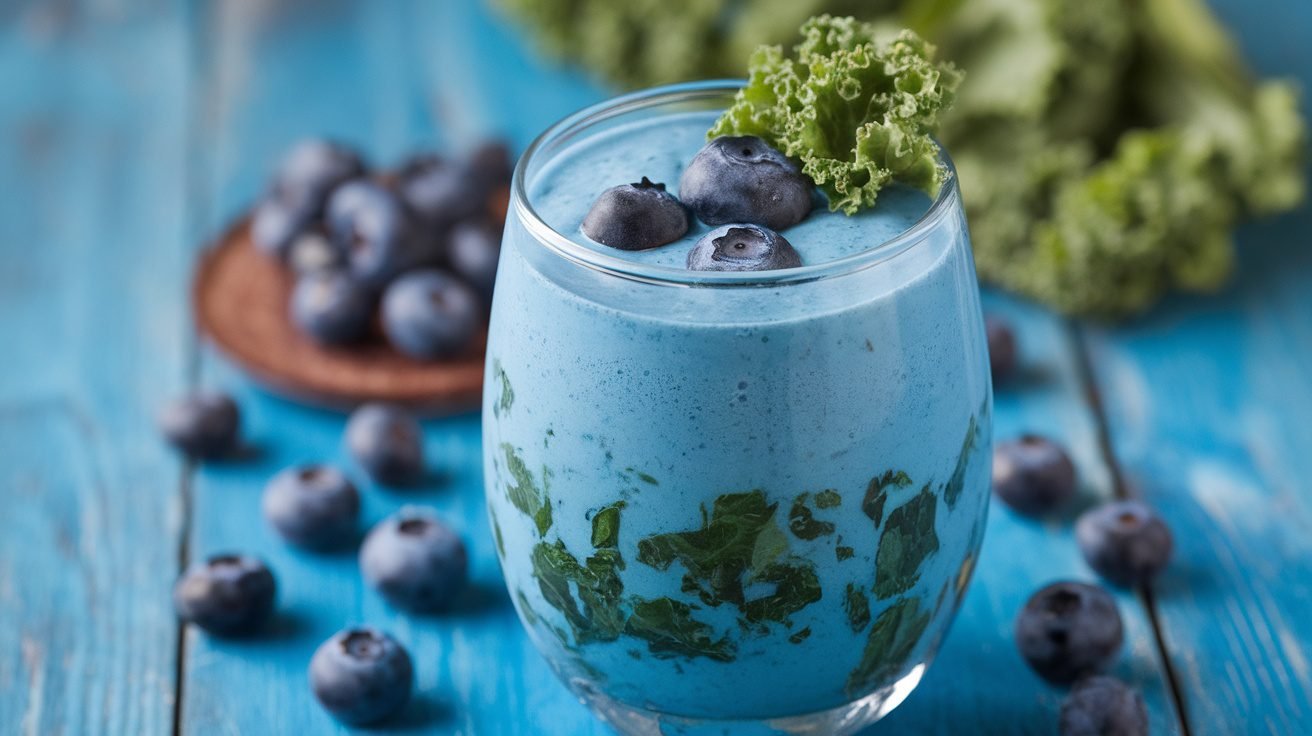 A refreshing blueberry kale smoothie in a glass, garnished with blueberries and kale, on a wooden table.