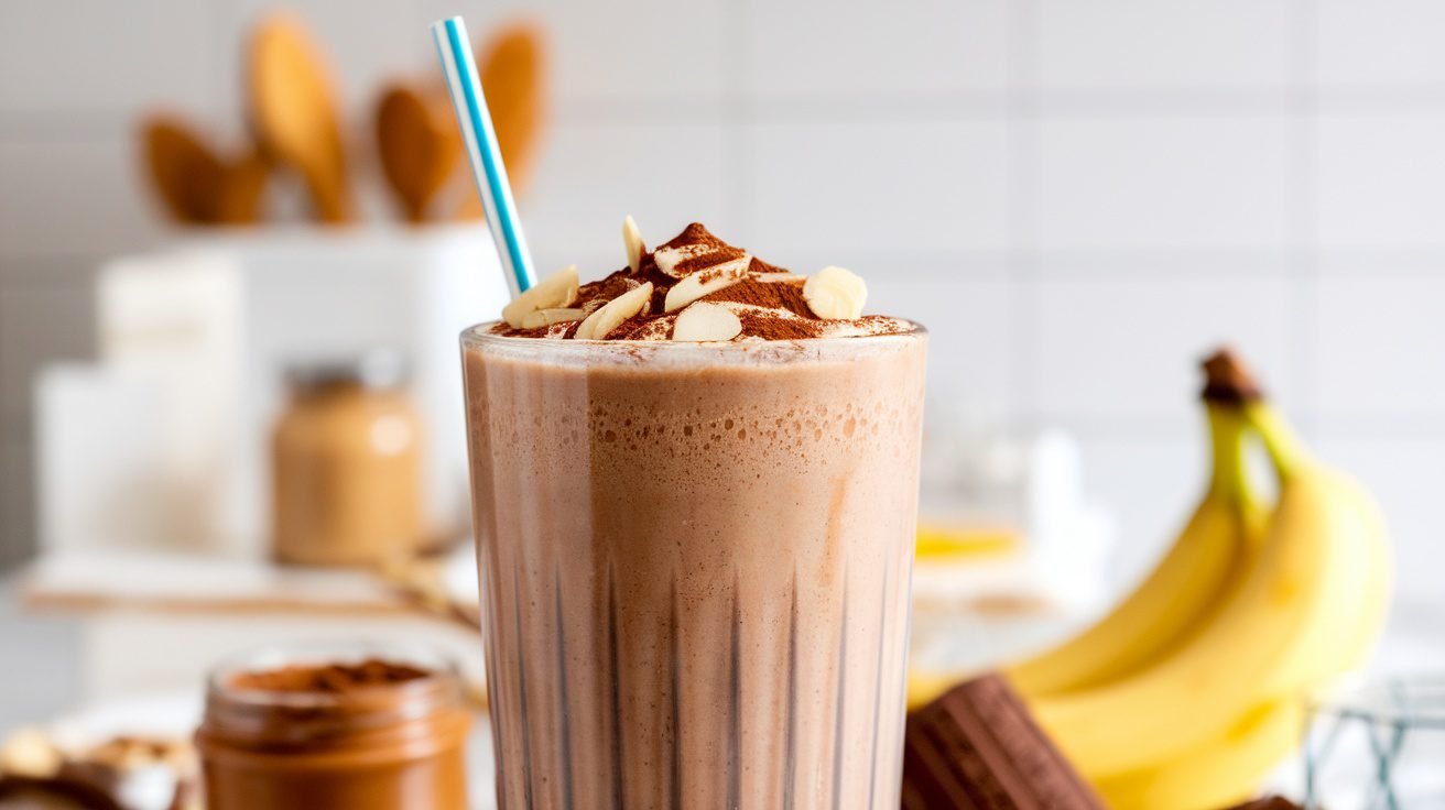 A delicious chocolate almond breakfast shake in a glass, garnished with almonds, on a kitchen counter.