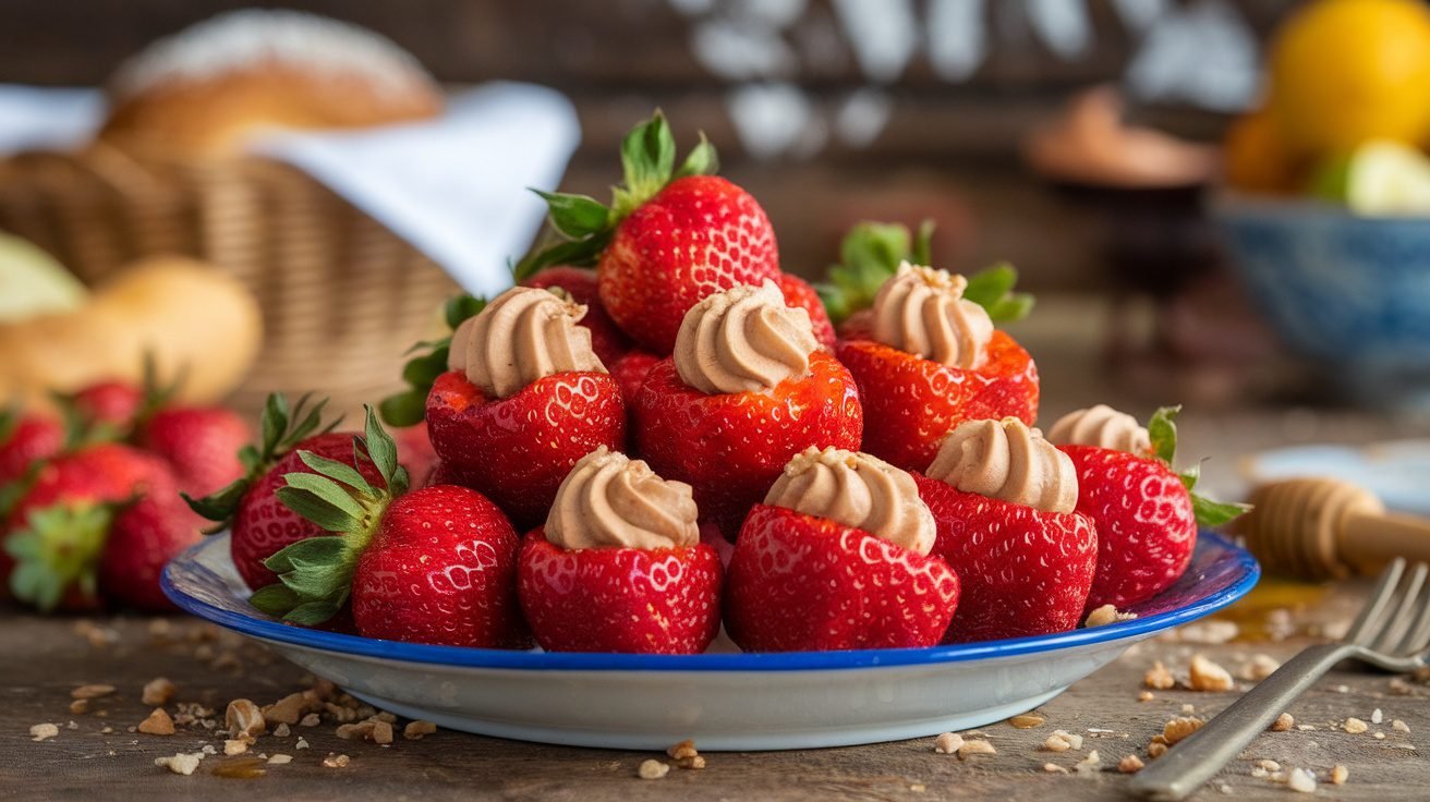Fresh strawberries filled with almond butter, topped with nuts, on a wooden table.