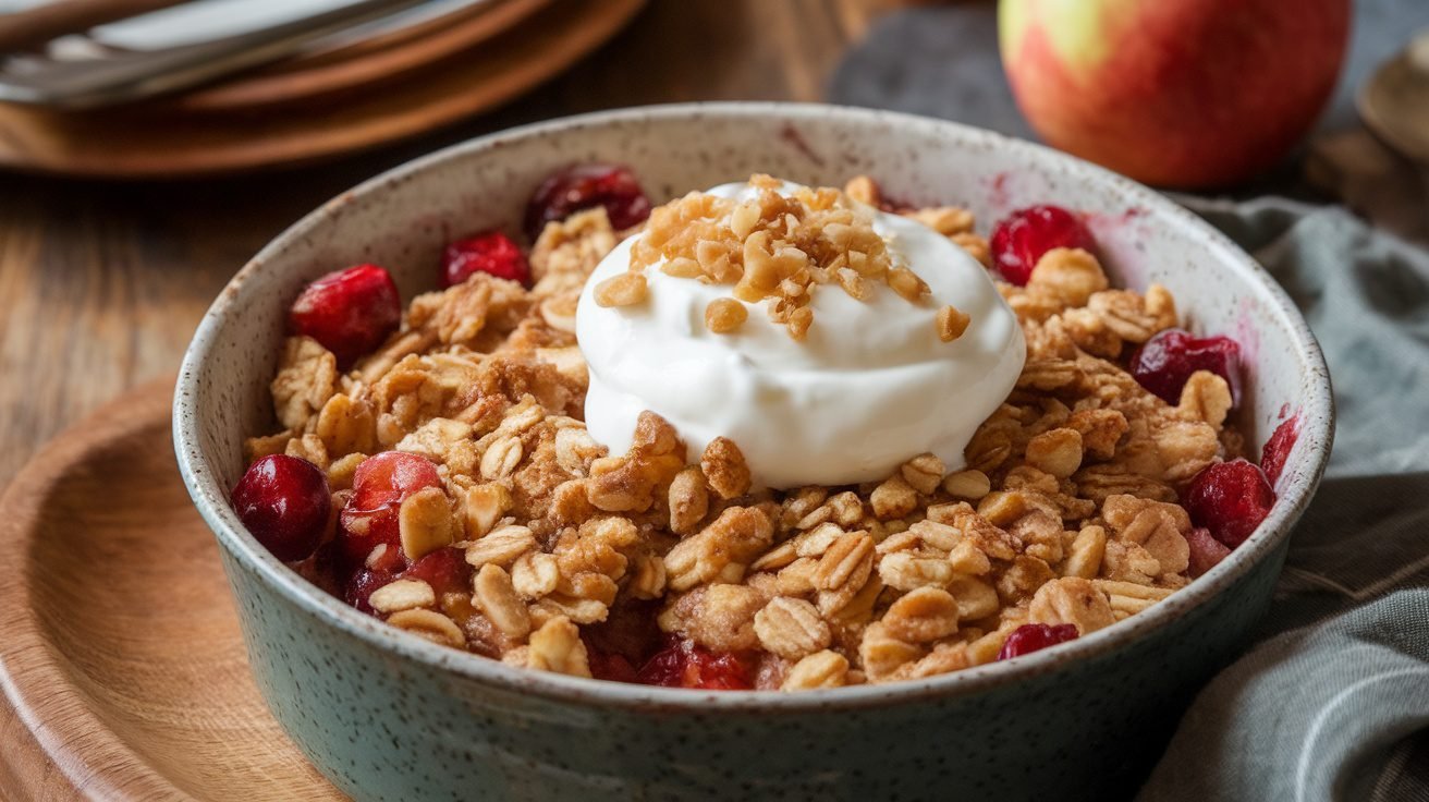 Apple Cranberry Yogurt Crisp with oat topping and Greek yogurt on a rustic table.