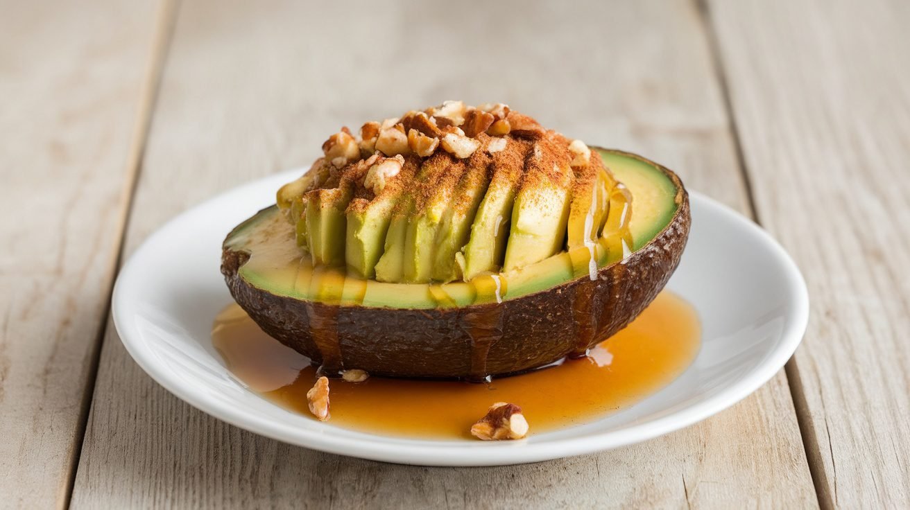 Baked avocado half with maple syrup and nuts, garnished with mint leaves on a wooden table.