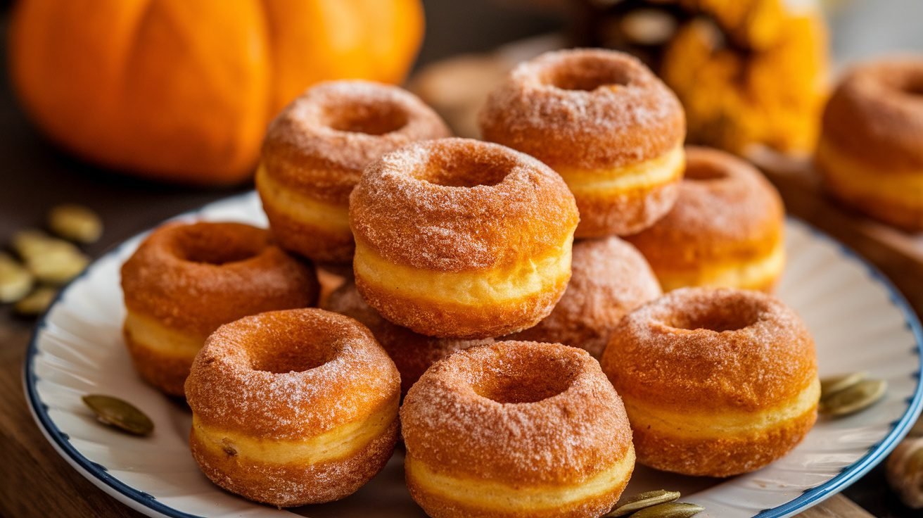 A plate of fluffy baked pumpkin donut holes dusted with cinnamon sugar, with a small pumpkin in the background.