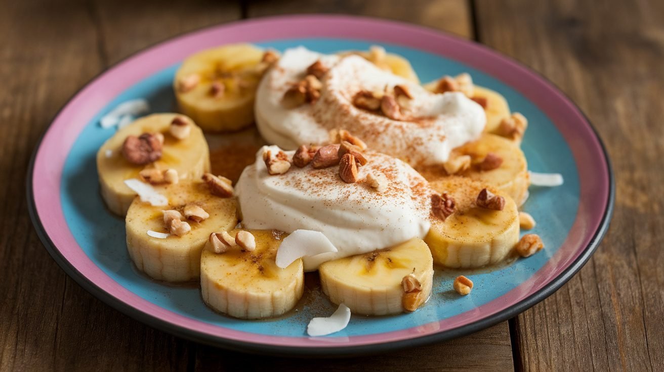 Caramelized banana slices with cashew cream and cinnamon, garnished with nuts and coconut flakes on a wooden table.