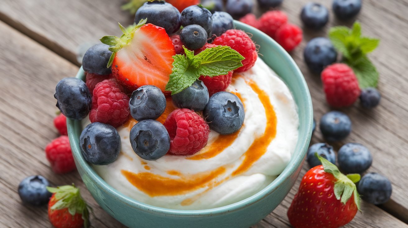 A bowl of creamy cashew dessert topped with fresh berries and mint on a rustic table.