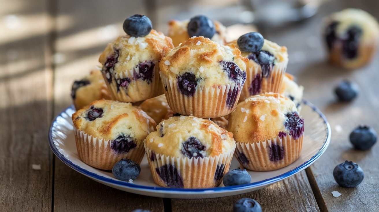 A plate of Coconut Blueberry Muffin Bites with blueberries on a wooden table.