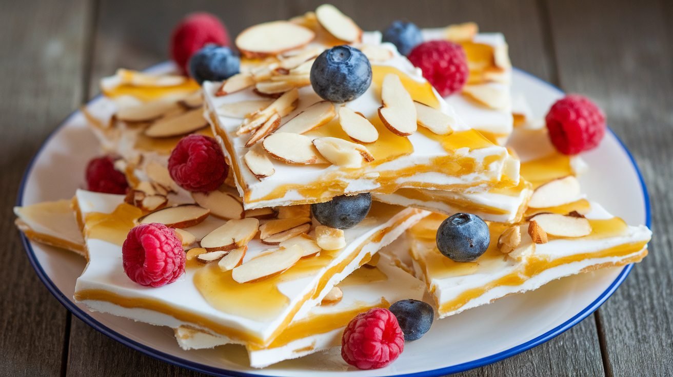 Honey almond yogurt bark pieces topped with almonds and berries on a rustic wooden table.